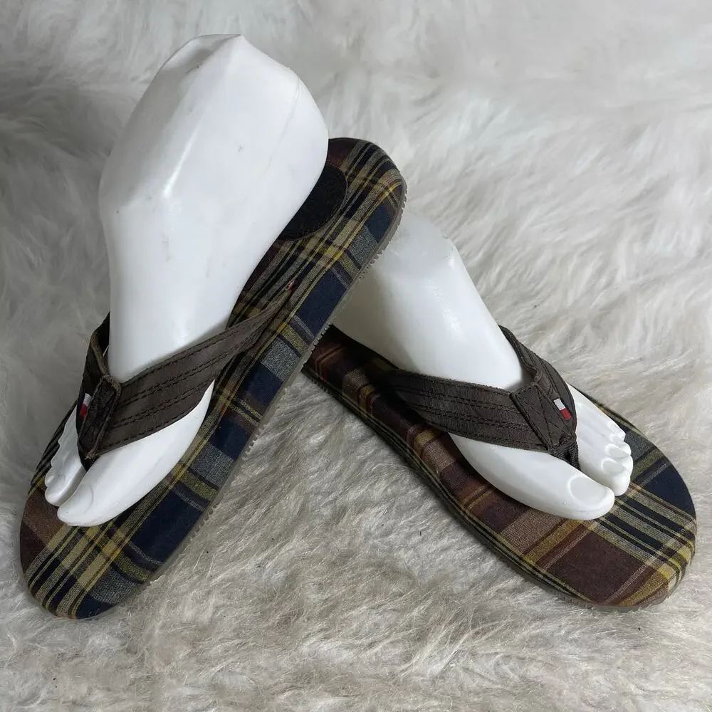 Tommy Hilfiger Flip Flops Mens 7M Brown Leather Plaid Thong Sandals